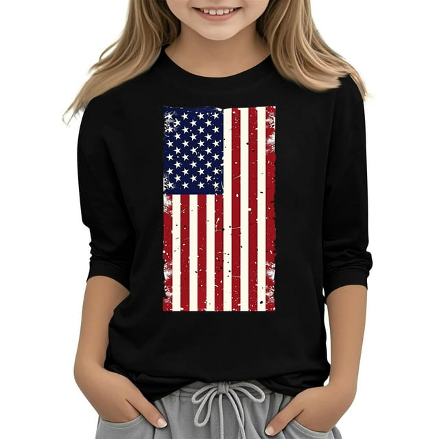 YABCSAZ Chemises du 4 Juillet pour Femmes, Robe de la Fête de l'Indépendance, Mode Enfantine Imprimée Manches 3/4 Col Rond Chandail Chemise de Base Manches Longues Col Rond Chemise, Noir, 140