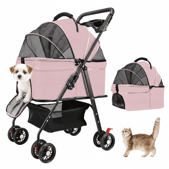 Wheelive 3-in-1 Pet Stroller & Car Seat with Detachable Carrier, 4-Wheel Foldable Design, Oxford Fabric, for Small Dogs & Cats up to 65lbs, Pink