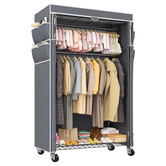 Rolling Clothes Rack with Cover Clothing Racks for Hanging Clothes Heavy Duty Portable Closet with Wheels Garment Rack 35.5" W*15.7" D*79 "H Black