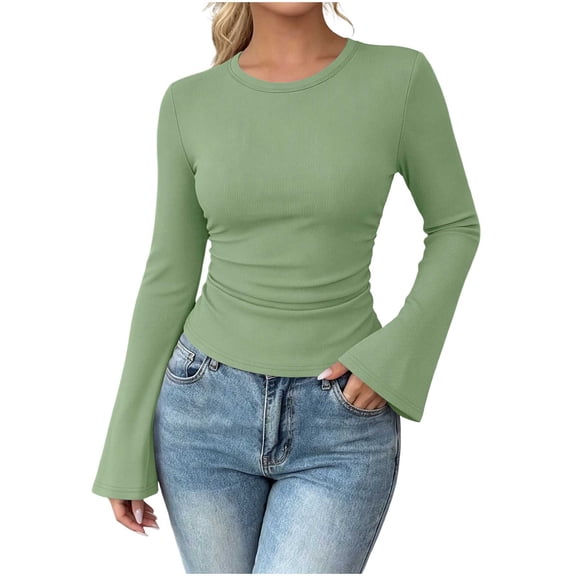 ByworldtasicNo Boundaries Womens Bell Long Sleeve Shirts Lightweight Crew Neck Y2k Going Out Tops Dressy Casual Blouses Ribbed Slim Fit T Shirts