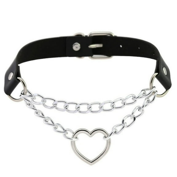 Valentine's Day Gifts for Woman Women Chain Choker Necklace Heart Metal Leather Collar Necklace Black