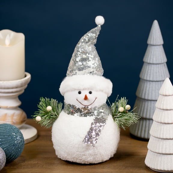 Frosted Sequined Christmas Snowman Figure - 12" - White and Silver