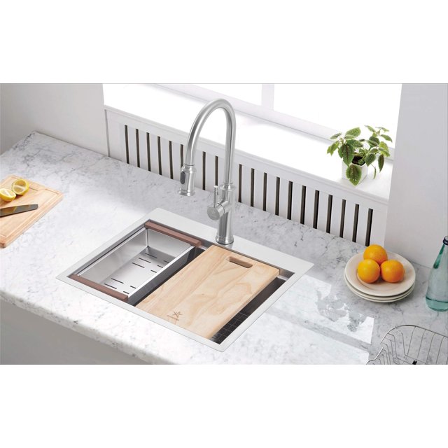 STARSTAR Workstation Ledge Topmount/Drop-in Single Bowl 304 Stainless Steel Kitchen/Yard/Bar/Laundry/Office Sink, With Grid, Colander, Cutting Board, Strainer (21 x 20 x 10 Wood Colander)