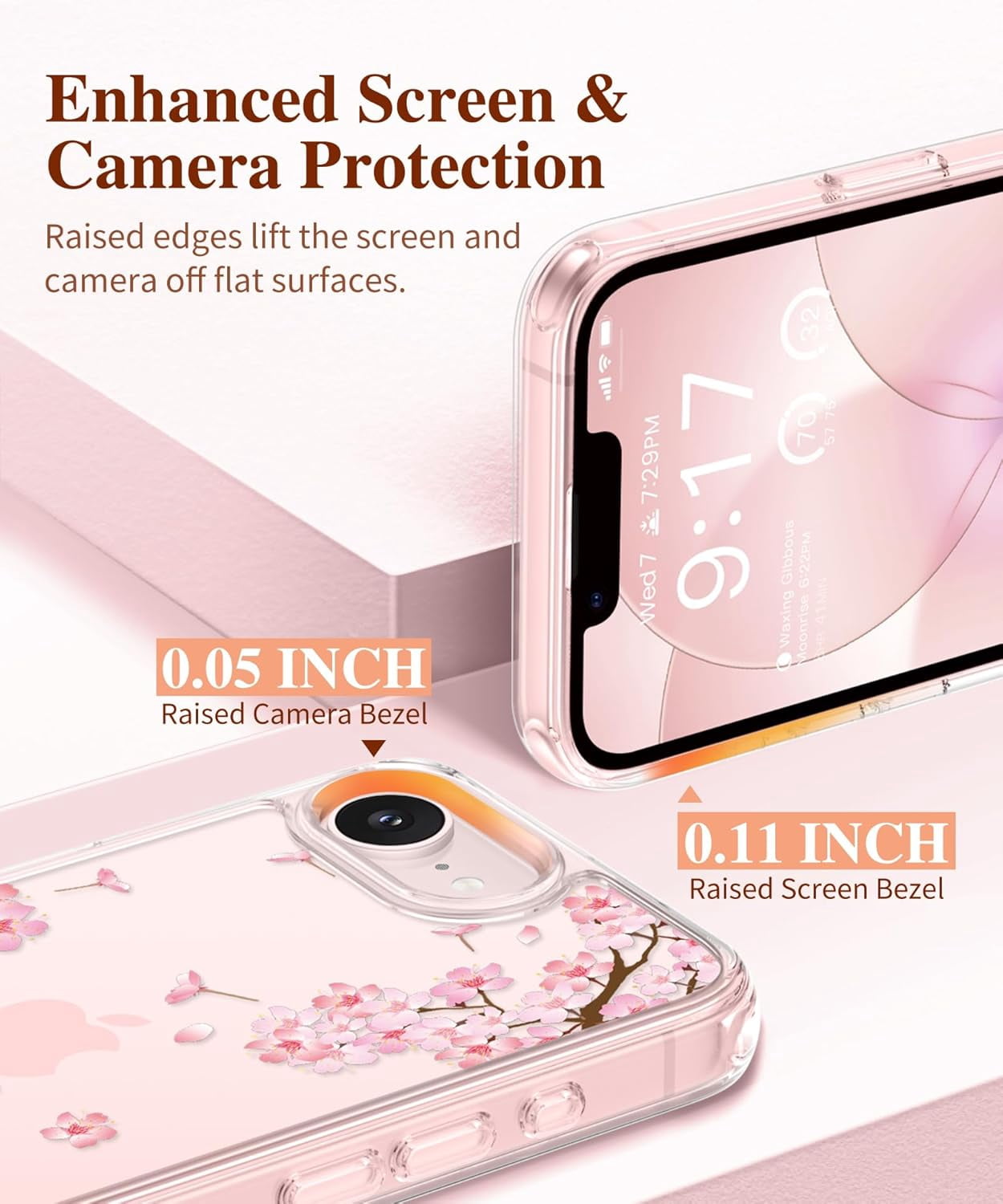 for iPhone 17e Case & iPhone 16e Case, [Non-Yellowing][Military-Grade Protection] Hard PC&TPU Bumper, Floral Shockproof Protective Clear Phone Case (Sakura/Pink)