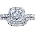 thumbnail image 3 of PEORA Moissanite Cushion Cut Halo Engagement Ring and Wedding Band Bridal Set in Sterling Silver, 2 Carat Center, DE Color, VVS Clarity, Size 5.5, 3 of 4