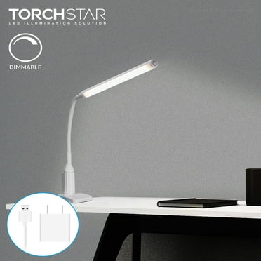 TORCHSTAR Dimmable LED Desk Lamp, 26 LEDs Flexible Study Clamp Table Lamp, Memory Function, Eye-Care, Touch Control, 5W, USB Powered, ETL-Listed Power Adapter, for Bedroom Office Reading Work, White