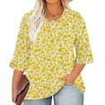 thumbnail image 2 of QQAMB Womens T-Shirts Plus Size 3/4 Sleeve Casual Printed V-Neck Pleated Summer Trendy Tunics Blouses Yellow 4XL, 2 of 5