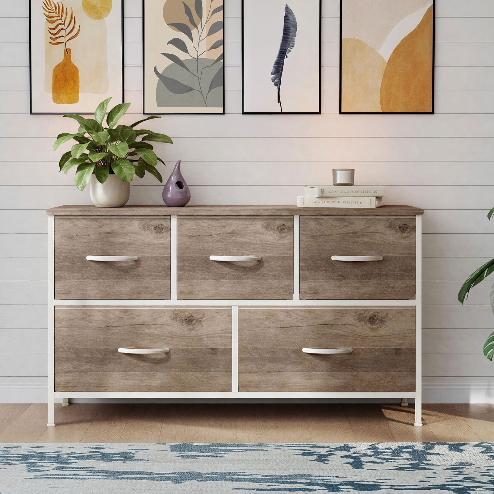 edx 5 Drawers Fabric Dresser for Bedroom, Storage Organizer, Wide Chest of Drawers for Closet, Clothes, TV Stand, Wood Board, Oak