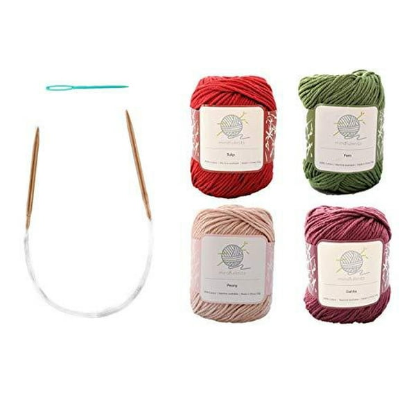 mindfulknits Kit de Tricot Débutant avec Aiguilles à Tricoter, Aiguilles à Fils et Fil à Tricoter 100% Coton (4) Kit de Fournitures de Tricot de Base pour Débutants de la Flore pour la Relaxation & St