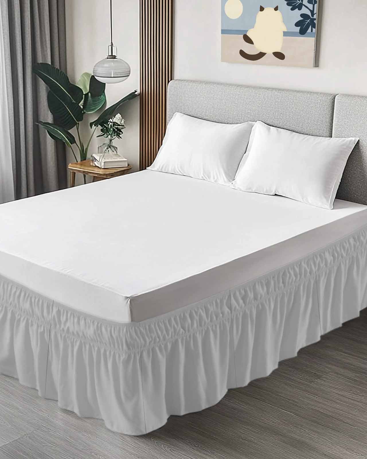 Grey Wrap Around Bed Skirts for Queen Bed 18" Drop, Bed Skirt with Adjustable Elastic Belt Dust Ruffle Bed Valance for Bedroom Hotel Luxury Modern Pure Gray Bed Frame Cover