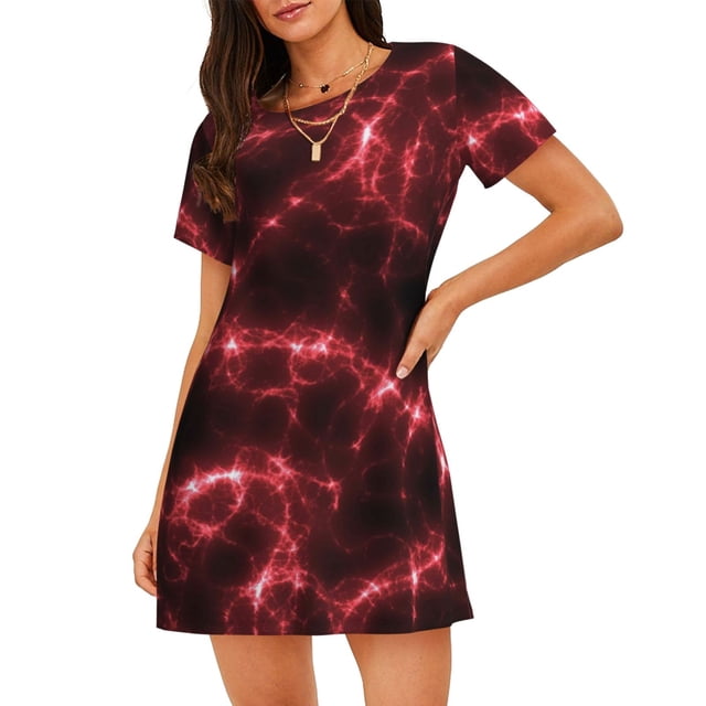 Disketp Red Line para Camisón Corto de Manga Corta para Mujeres, Camisón Cómodo con Escote Redondo, Bonito y Confortable