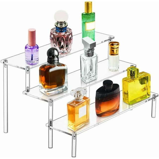 YFTOHI Acrylic Display Risers, Perfume Stand Organizer, Clear Acrylic Shelf Risers for Display Stands for Food, Tabletop Use, 3 Layer Clear Cupcake Stand Risers for Showing Stand (11.8 inches)