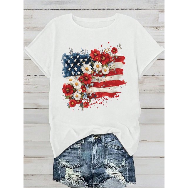 Women's Top, Casual T-Shirt, Fashion, Casual, Independence Day, National Flag, Sunflower Print, Round Neck, Short Sleeved Top, T-Shirt,