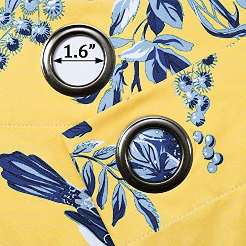 Lush Decor, Yellow and Blue Farmhouse Bird and Flower Insulated Grommet Blackout Window Curtain Panel Pair, 95 x 38, 95 in x 38