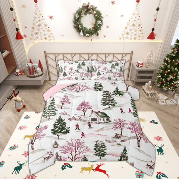 jejeloiu Pink Xmas Tree Bedding Comforter Set,Marry Christmas Twin Comforter Sets,White Snow Mountain Bedding Set For Children,Breathable Home Decor Reversible,2pcs