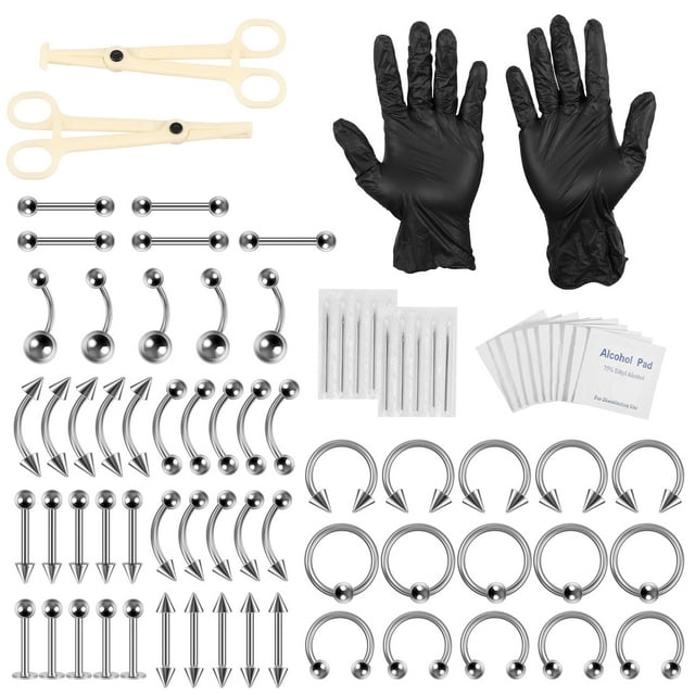 Hvxrjkn 79 Uds Piercing Jewelry Kit Pro Piercing Kit 316L Acero Inoxidable Body Septum Piercing Kit 16G Anillo para el Vientre Lengua Tragus Pezón Nariz Cejas Piercing Herramientas Piercing Agujas Pinzas