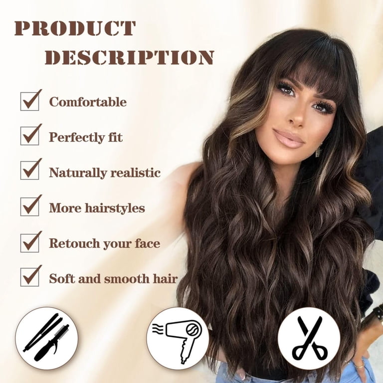 Long Dark Brown Highlights Ombre Wig with Bangs, Dark Roots  display picture 2
