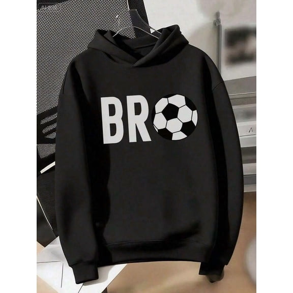 Tween Boy Fleece Lined Warm BRO Football Hoodie, Suitable For Kids Autumn/Winter Long Sleeve Top, Young Student Streetwear/Casual/Stylish/Daily/Sports/Fashion/School-Loose And Stylish T-Shirt-270G Au