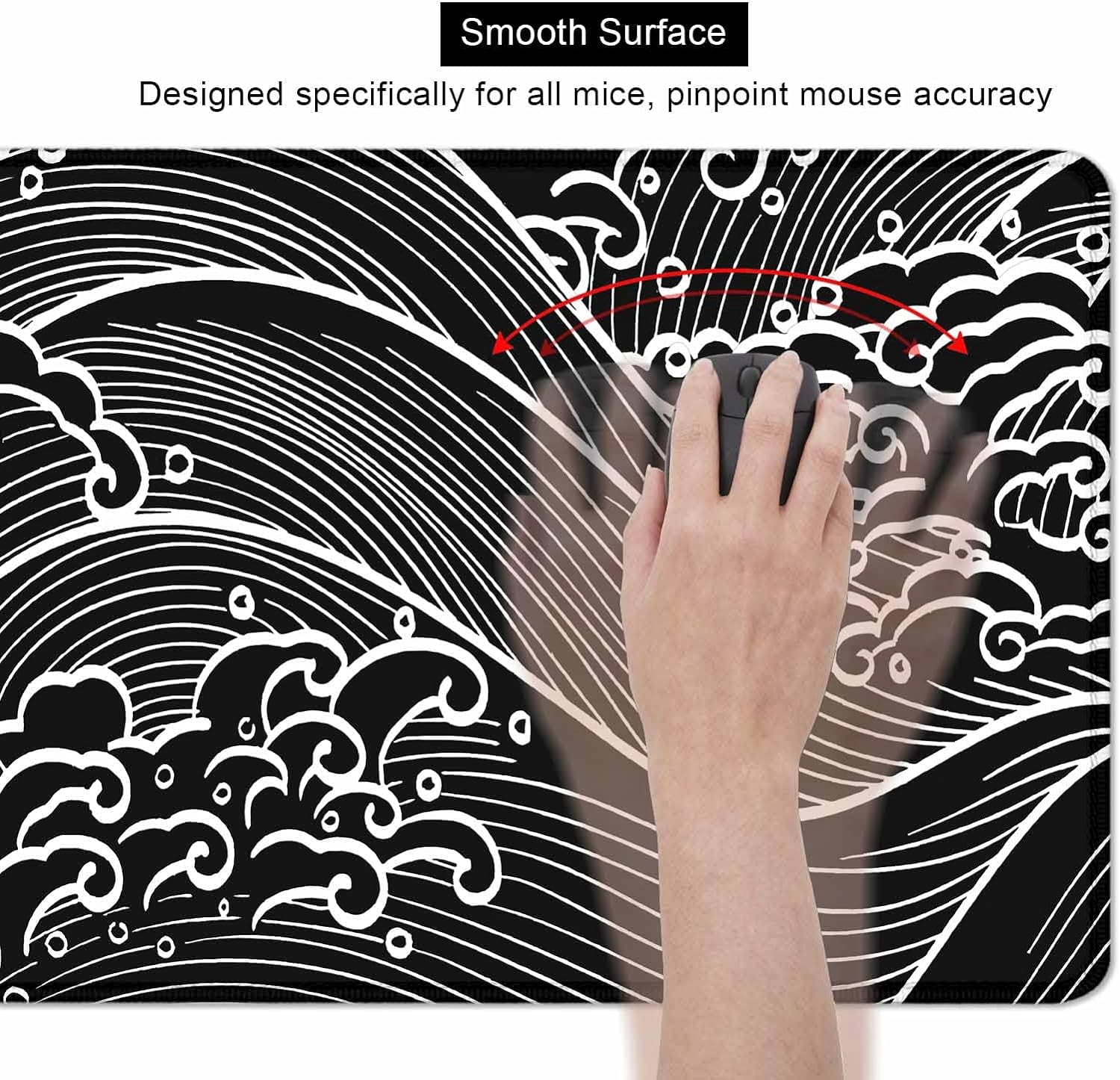 Black and White Japanese Great Wave Gaming Mouse Pad, XL XXL Large Mousepad, Big Extended Mouse Pad, Non-Slip Rubber Base Office Line Art Desk Pad for Men Women- 35.4 x 15.7 in, Abstract Ocean