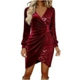 thumbnail image 3 of ClodeEU Womens Long Sleeve Velvet with Sequin Sexy Ruched Bodycon Dress,Wrap V Neck Cocktail Party Dress Wine,Womens Plus S, 3 of 6