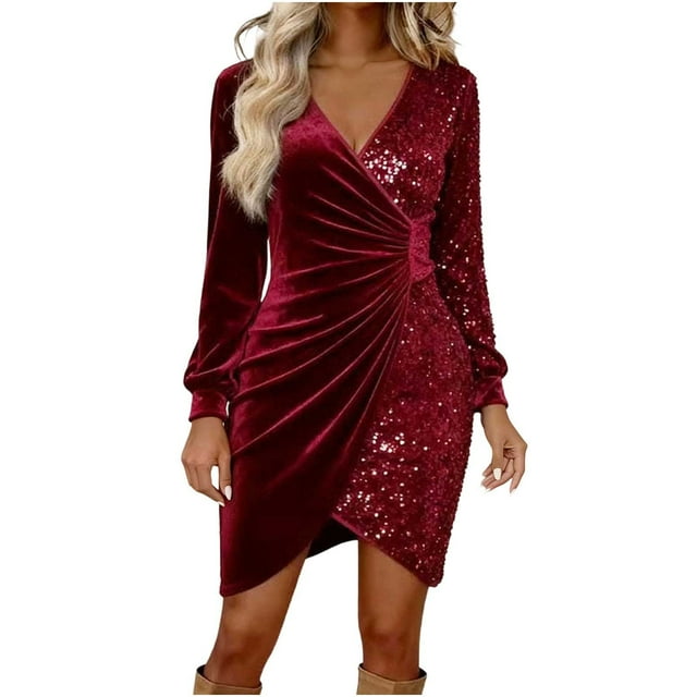RXMEKW Robe Courte en Velours Pailleté pour Femmes à Manches Longues, Col en V, Robe Décontractée de Soirée, Polyester Uni