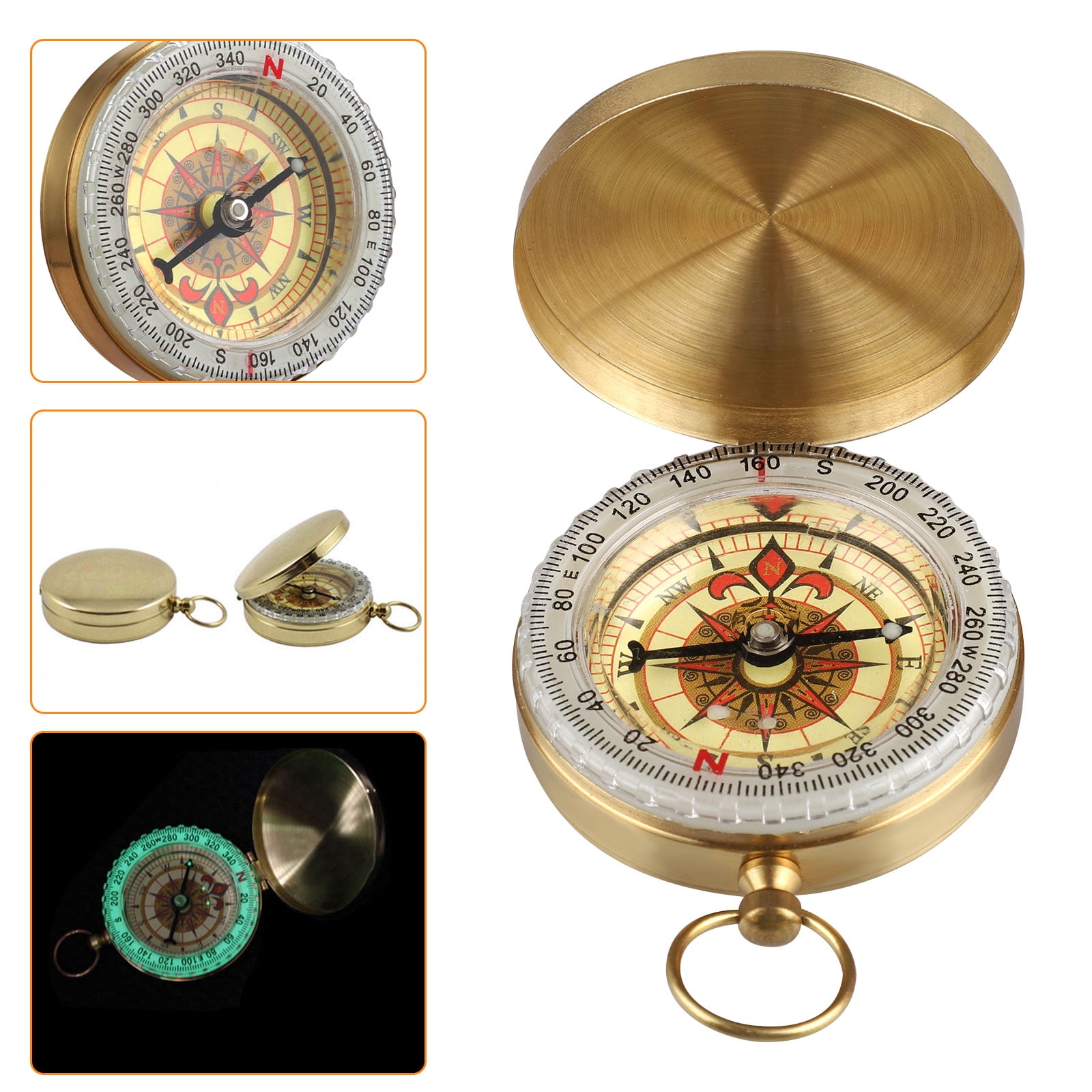 Brass Compass with Key Chain Ring Glows in dark Adjustable Dial 