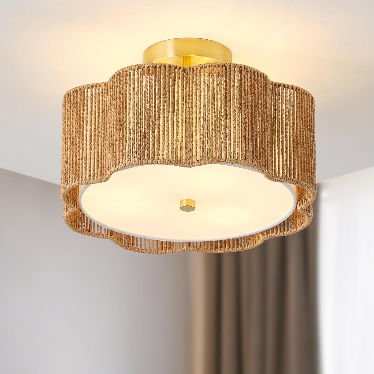 Boho Light Fixtures Flush Mount, 3-Light Rattan Ceiling Light Fixtures Flush Mount Gold for Bedroom, Flower-Shaped Close to Ceiling Light Fixture for Hallway Kitchen