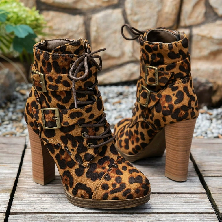 Dakaela Women's Chunky Heel Ankle Booties Lace up Buckles Combat