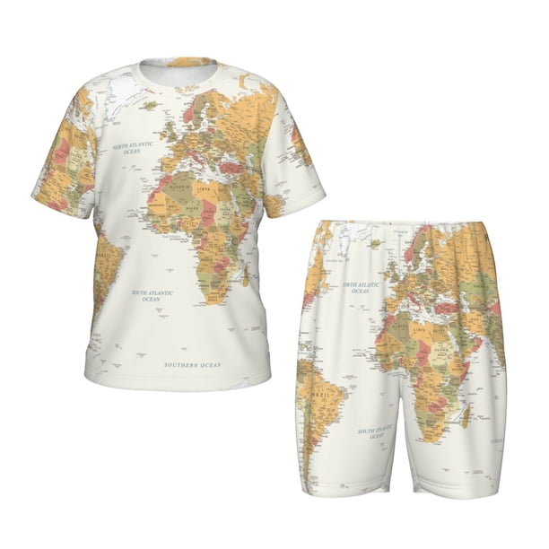 Fotbe World Map 1 Pijama Estampada de 2 Piezas para Niños – Ropa de Dormir de Manga Corta Cómoda para Niños y Niñas, Camiseta y Shorts de Algodón-3X-Large