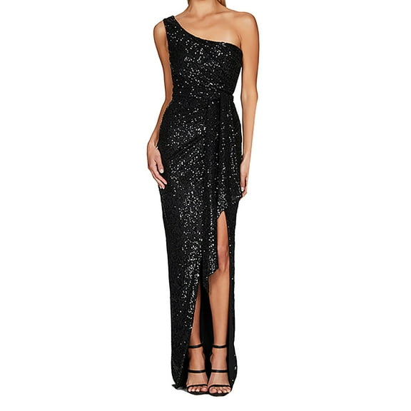 Prolriy Wedding Guest Dresses for Women Ladies One Shoulder Tie Waist Slit Pleated Sequin Gown Dress Maxi Dresses for Women 2024 Womens Dresses Black XL