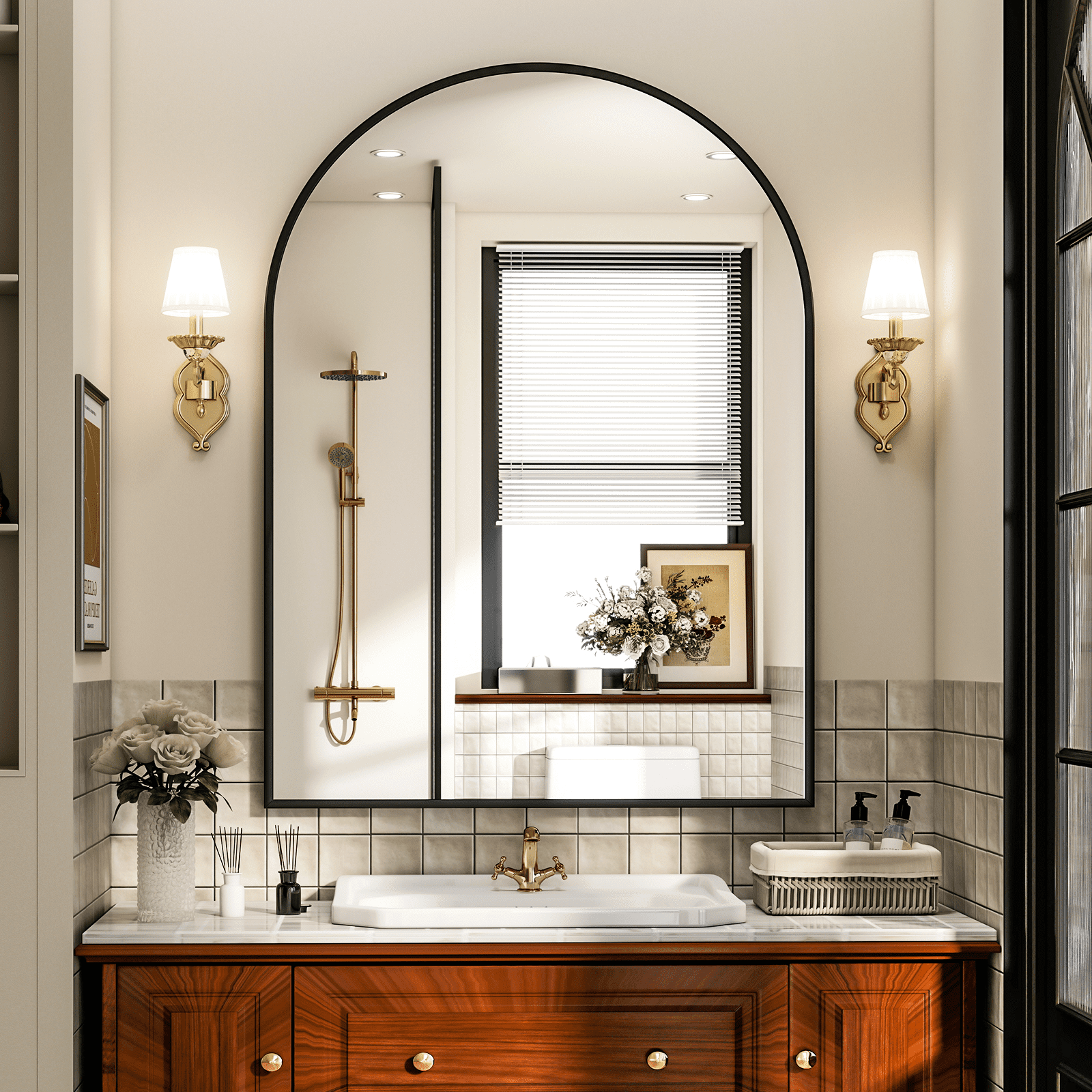 GRAHMCY 40"x30" Arched Bathroom Mirror Wall Mirror With Aluminum Alloy Frame, Black