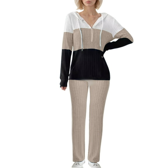 YABCSAZ Women's Long Sleeve Sweater Sets Oversize Zipper V Neck Knitted Hoodies Top Shirts Pants 2 Piece Outfits Sets Casual Loose Soft Sweater Sets 2024 Christmas Gifts for Women