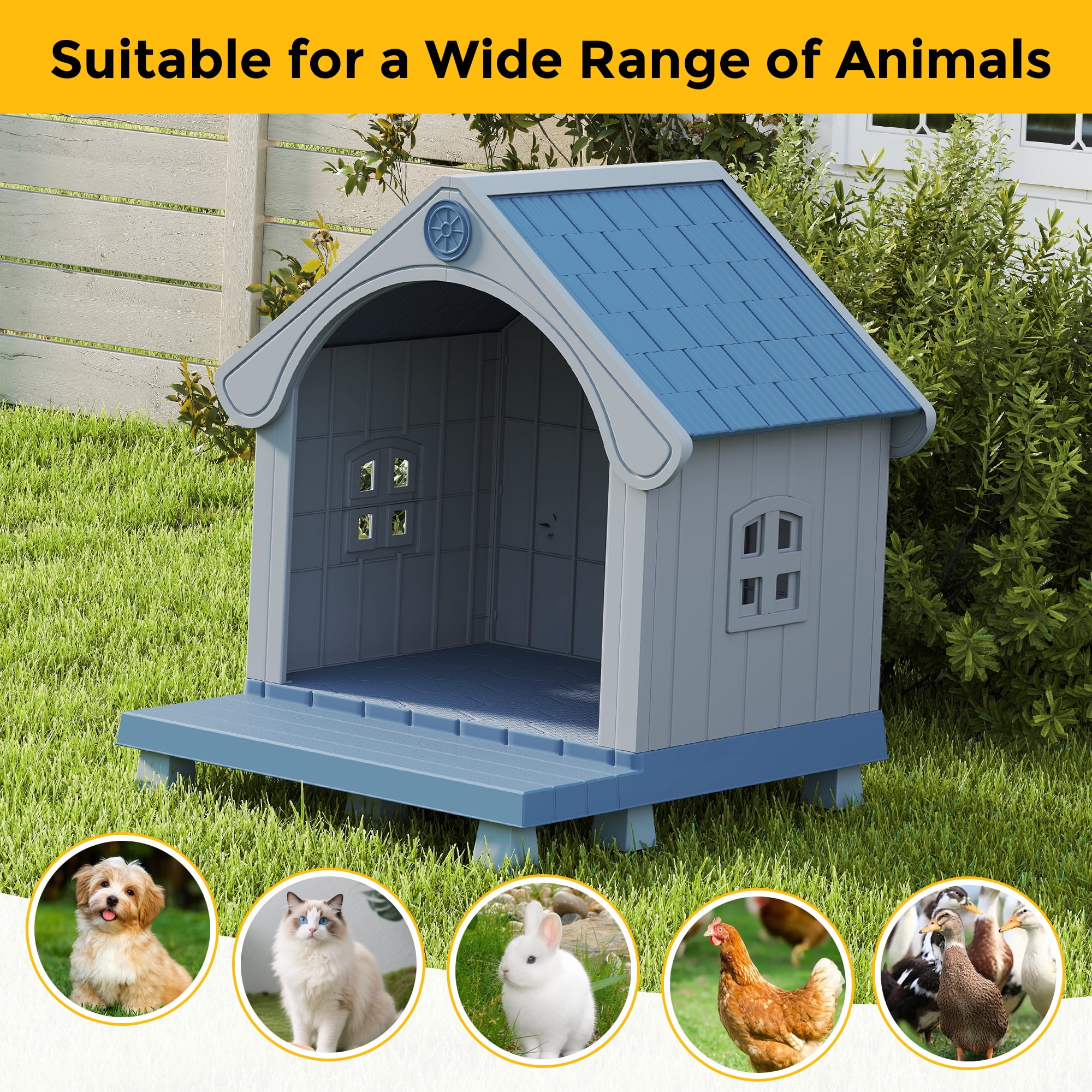 COZIWOW Large Weatherproof Elevated Plastic Dog House Pet Kennel Indoor Outdoor Cat House with Open Front