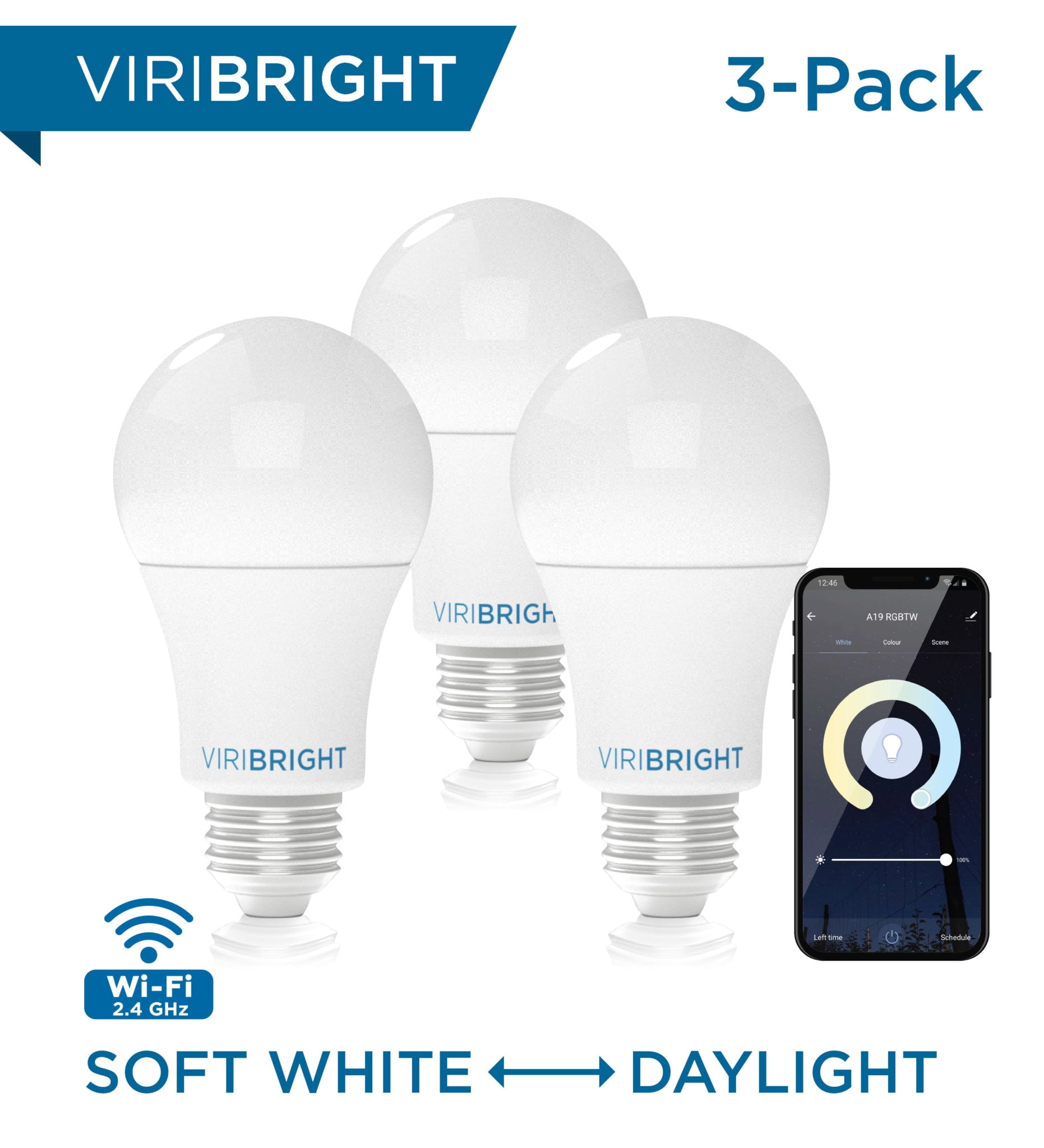 Viribright Smart Wifi 60-Watt Equivalent A19 Shape E26 Standard Base LED Light Bulb (3-Pack)