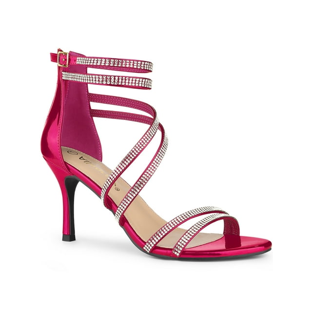 BLISSFUL STEP Women's Shoes Stiletto Heel Open Toe Ankle Strap Rhinestone Buckle Sandals Hot Pink 8