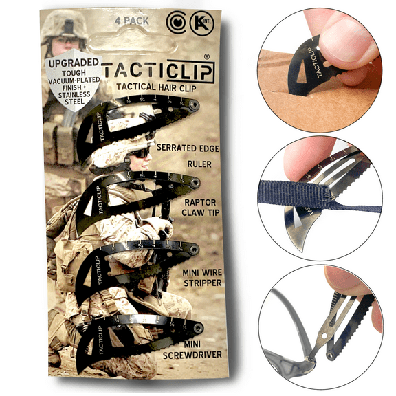 Tacticlip - 4 Pack, Tactical Hair Clips, Multitool Snap Barrettes Black