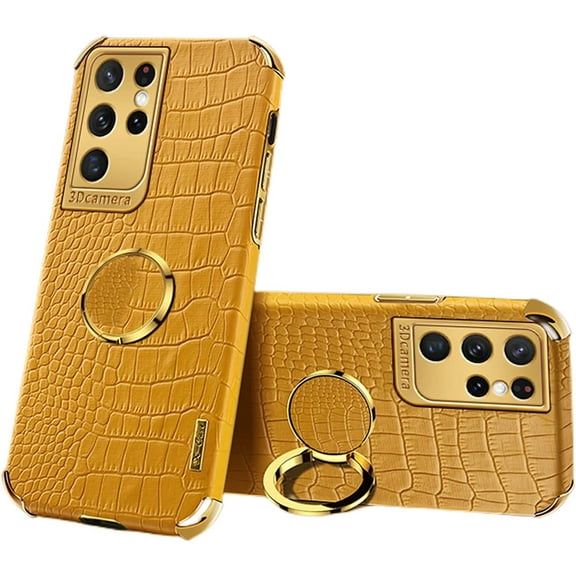 Luxury Soft Leather Phone case with Rotatable Finger Ring Bracket for Samsung Galaxy S20 S10 Ultra Plus Lite FE Four Corner Reinforcement Protective Cover(Yellow,S10)