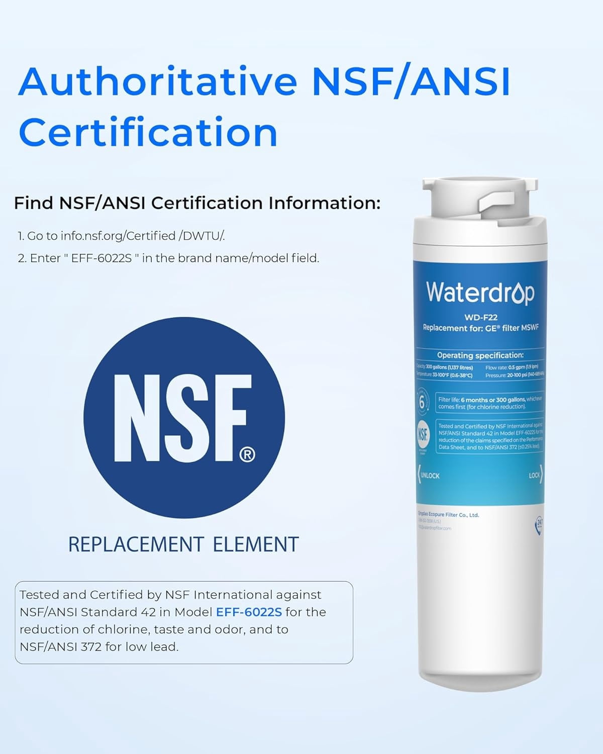 Waterdrop MSWF Refrigerator Water Filter, Replacement for GE® MSWF, 101820A, 101821B, RWF1500A, NSF 42&372 Certified, Pack of 4 (Package May Vary)