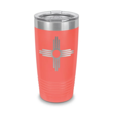 

New Mexico State Flag Sante Fe Logo Tumbler 20 oz - Laser Engraved w/ Clear Lid - Stainless Steel - Vacuum Insulated - Double Walled - Travel Mug - holy faith zia people - Coral