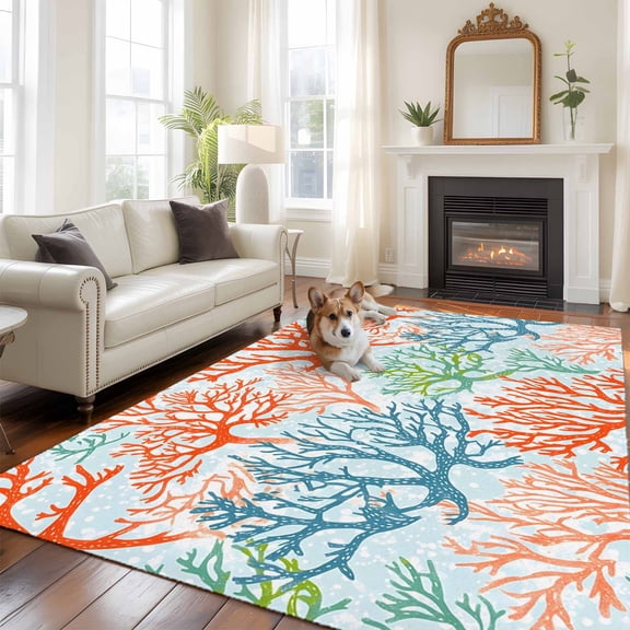 6'x9' Area Rugs, Ocean Coral Indoor Outdoor Area Rug for Living Room Bedroom, Orange Red Green Turquoise Plant Branch Washable Bathroom Rugs Kitchen Floor Carpet Mats Home Decor Aesthetic
