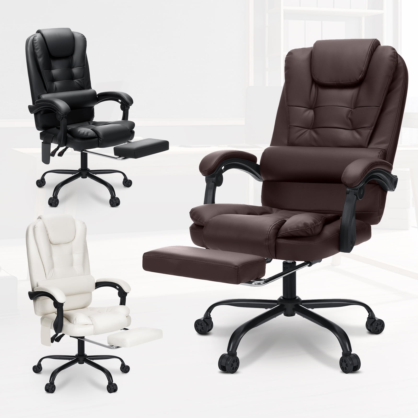 Hoffree Executive Office Chair Massage and Footrest Ergonomic Computer Desk Chair Reclining High Back Leather Office Chair Lumbar Back Support Swivel Rolling for Home Office Brown