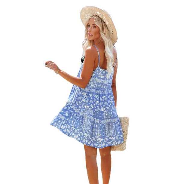 Cismea - Mini Vestido de Verano con Volantes Florales para Mujer, sin Mangas, con Lazo en El Hombro, LíNea Acampanada, Vestidos Cortos, Vestidos de Playa Cismea falda