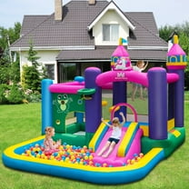 Harmijoy Inflatable Bounce Castle, Colorful Bounce House Bouncy Castle w/ Slide, Basketball Hoop & Pool, with 735W Blower
