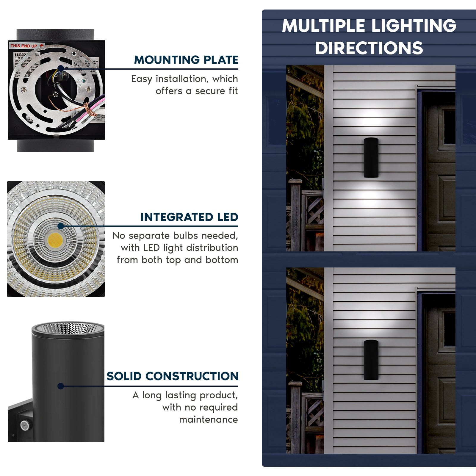 Luxrite Dusk to Dawn LED Modern Outdoor Wall Light, 18", Up or Up and Down Light, 3CCT 3000K-5000K, 20/30/40W, IP65, ETL
