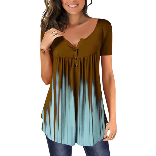 ICHUANYI Clearance Womens Summer Casual Tops V- Neck Hide Belly Short Sleeve T- Tunic Blouses(Khaki, M) ICHUANYI WER2023081505137
