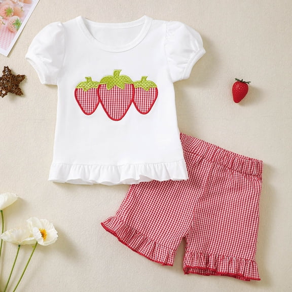 Toddler Checkered Shorts Girl Toddler Baby Girl Summer Outfits Polka Dot Print Ribbed Knit Short Sleeves T-Shirt Tops Shorts 2Pcs Clothes Set