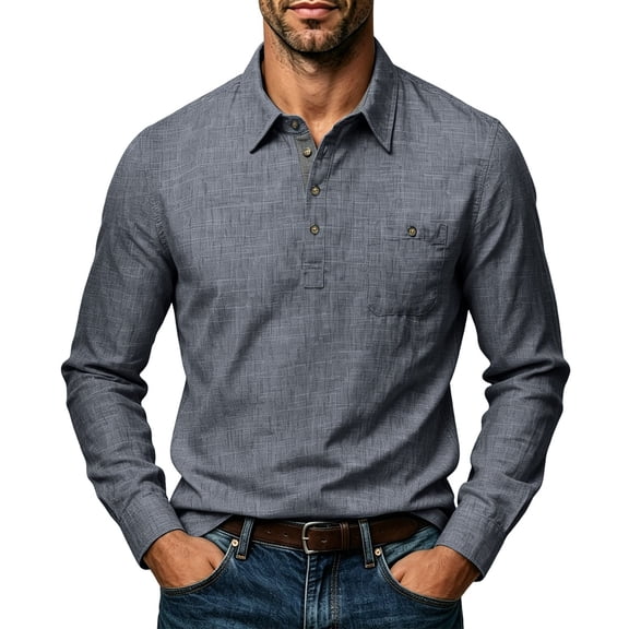 Mens Polo Shirts Long Sleeve Solid Color with Pocket and Button Lapel Pullover Shirt