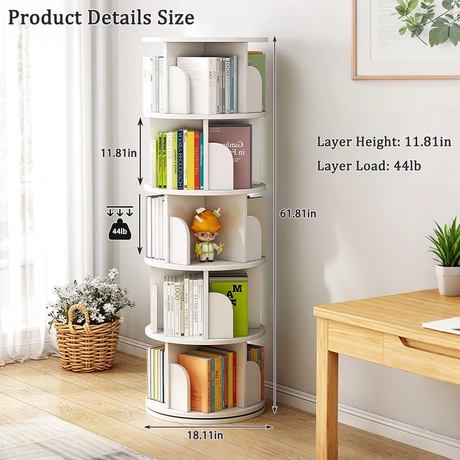 Miniyam 360 Rotating Bookshelf, White Bookcase for Bedroom, Living Room and Small Spaces
