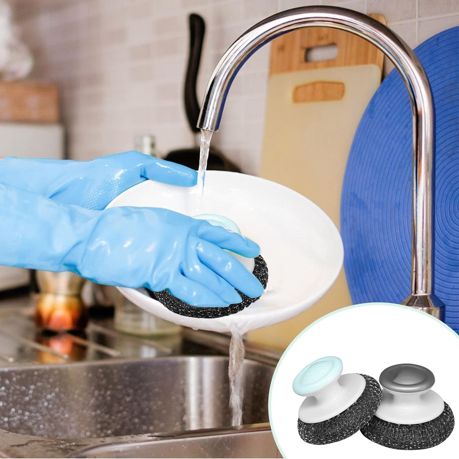 2Pcs Stainless Scrubber with Handle, Heavy Duty Pot Scrubbers Dish Scrubber Cleaning Brush Wash for Dish, Stainless Steel Scrubbing Brushes Cleaning Supplies for Pots, Pans, Grills, Sink