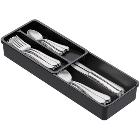 Compact Silverware Organizer for Kitchen Drawer, Narrow Flatware Tray Holder, Plastic Cutlery Spoons, Forks and Knives Storage, Black, 1 Pack